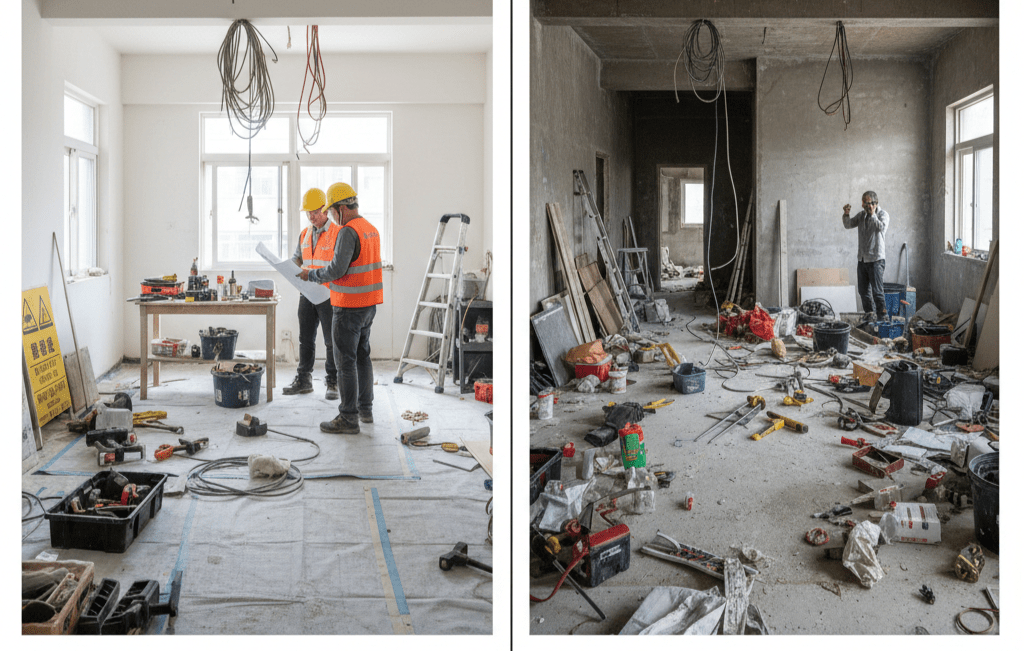 左右對比專業設計公司統包 vs 自行找工班的施工現場差異 Alt標籤：裝修工班施工現場對比-設計公司統包vs自行發包