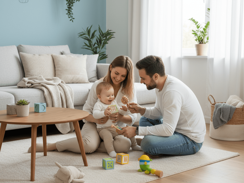 溫馨親子居家空間，父母陪伴嬰兒在低甲醛建材打造的安全環境中玩耍互動