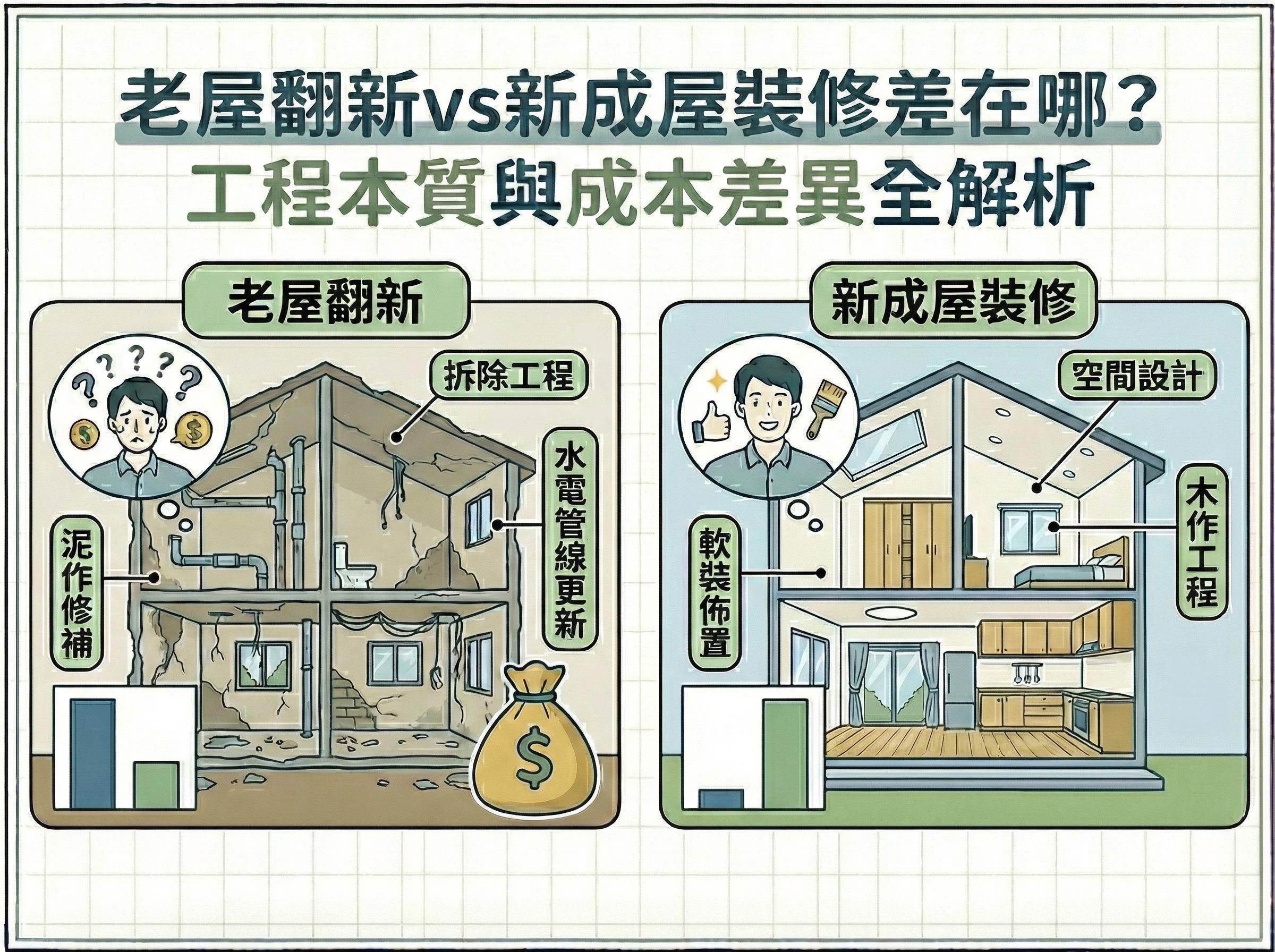 老屋翻新與新成屋裝修 比較圖